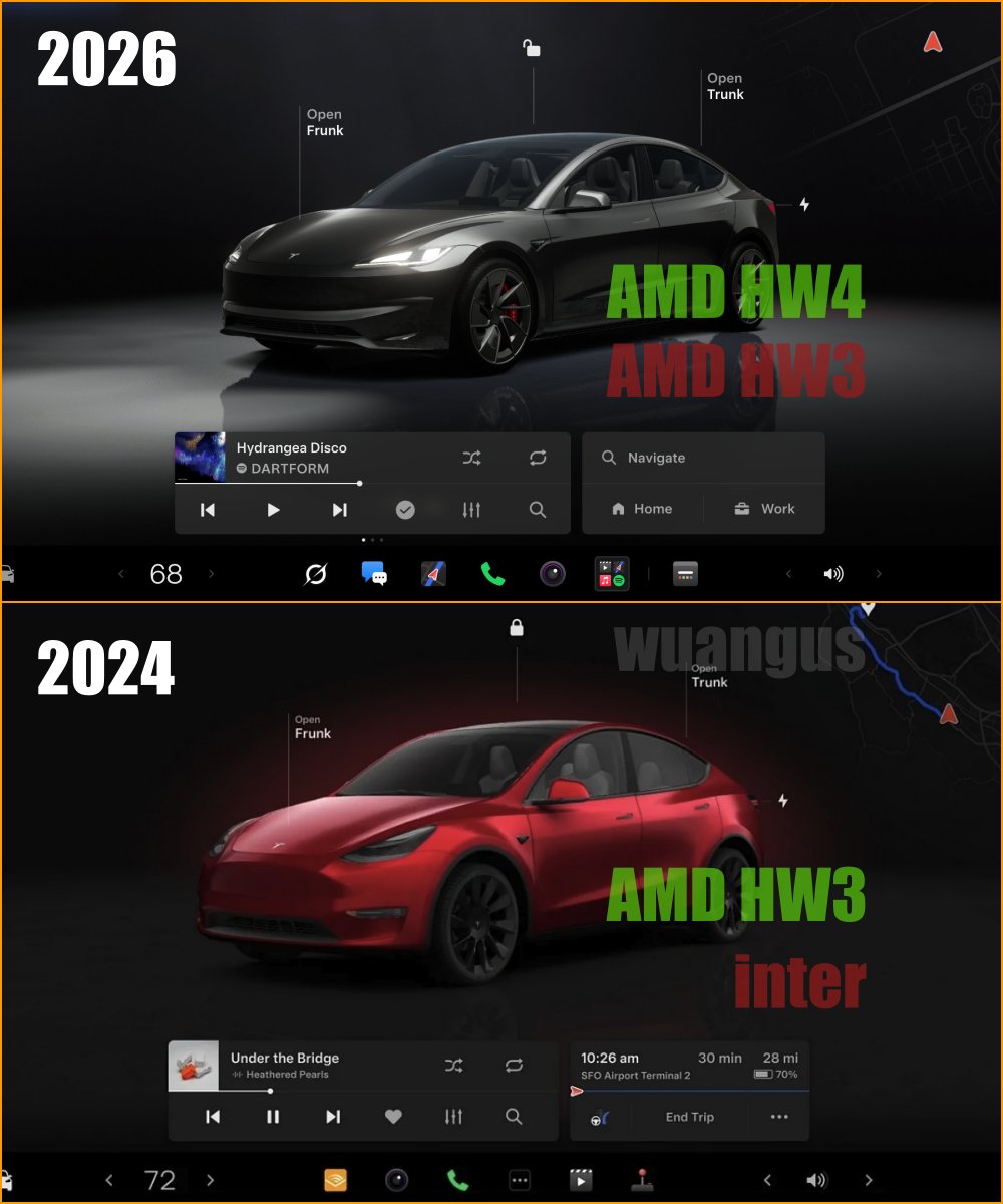 2026年特斯拉UI再进化，HW3车主傻眼了：新UI又是HW4.0专享。
这剧本太眼熟，2024年Intel车主出局，现在轮到AMD HW3坐冷板凳，只有AMD HW4换新款才给推。不只UI，目前FS - 图片 1