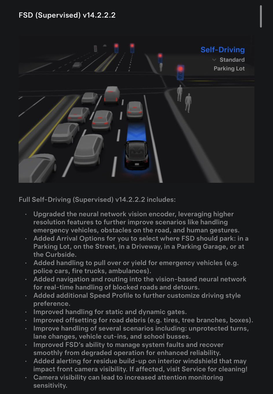 FSD(受驾驶员监督)v14.2.2.2 包含:
• 升级了神经网络视觉编码器,利用更高分辨率的特征,进一步改进处理紧急车辆、道路障碍物和行人手势等场景。
新增抵达选项,供您选择FSD应停车的地点 - 图片 1