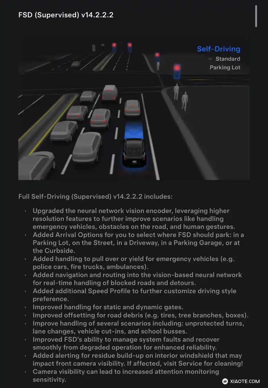 FSD(受驾驶员监督)v14.2.2.2 包含:
• 升级了神经网络视觉编码器,利用更高分辨率的特征,进一步改进处理紧急车辆、道路障碍物和行人手势等场景。
新增抵达选项,供您选择FSD应停车的地点 - 图片 1