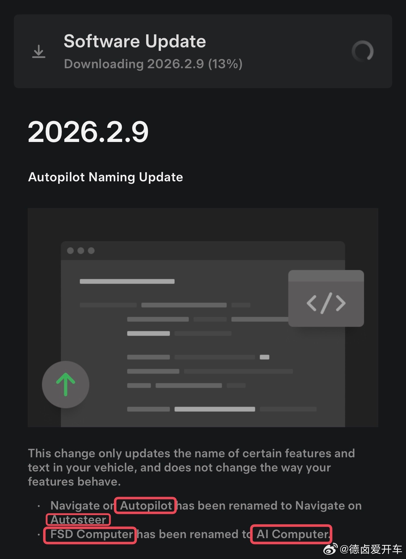 特斯拉修改了这两个辅助驾驶名称，
为此还专门OTA推了一个软件版本:

Navigate on Autopilot️➡️Navigate on Autosteer，

FSD Computer️➡️A - 图片 1