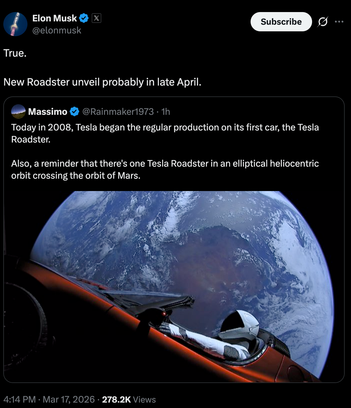 马斯克：“确实。新款Roadster预计在四月下旬亮相。”

2008年的今天，特斯拉开始常规生产其首款汽车——特斯拉 Roadster。
另外提醒一下，有一辆特斯拉 Roadster 正运行在穿越火 - 图片 3