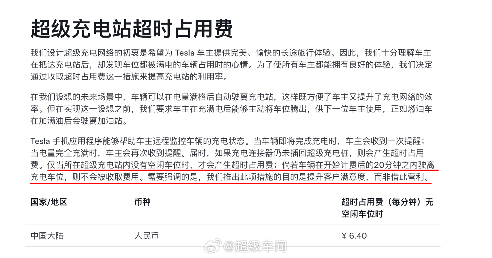 #特斯拉#

 充电站超时占用费条款做出以下更新：仅当所在超级充电站内没有空闲车位时，才会产生超时占用费；倘若车辆在开始计费后的20分钟之内驶离充电车位，不会被收取费用。

  - 图片 1