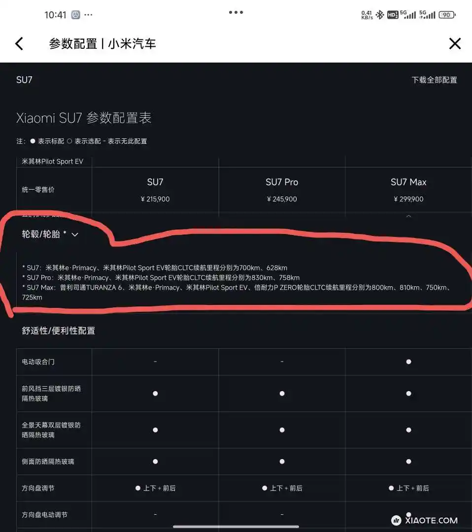 感谢小米的坦诚,看看轮胎对续航的影响力吧,米其林E系列大胜!
SU7:米其林e·Primacy、米其林Pilot Sport EV轮胎CLTC续航里程分别为700km、628km ;
SU7 Pro - 图片 1