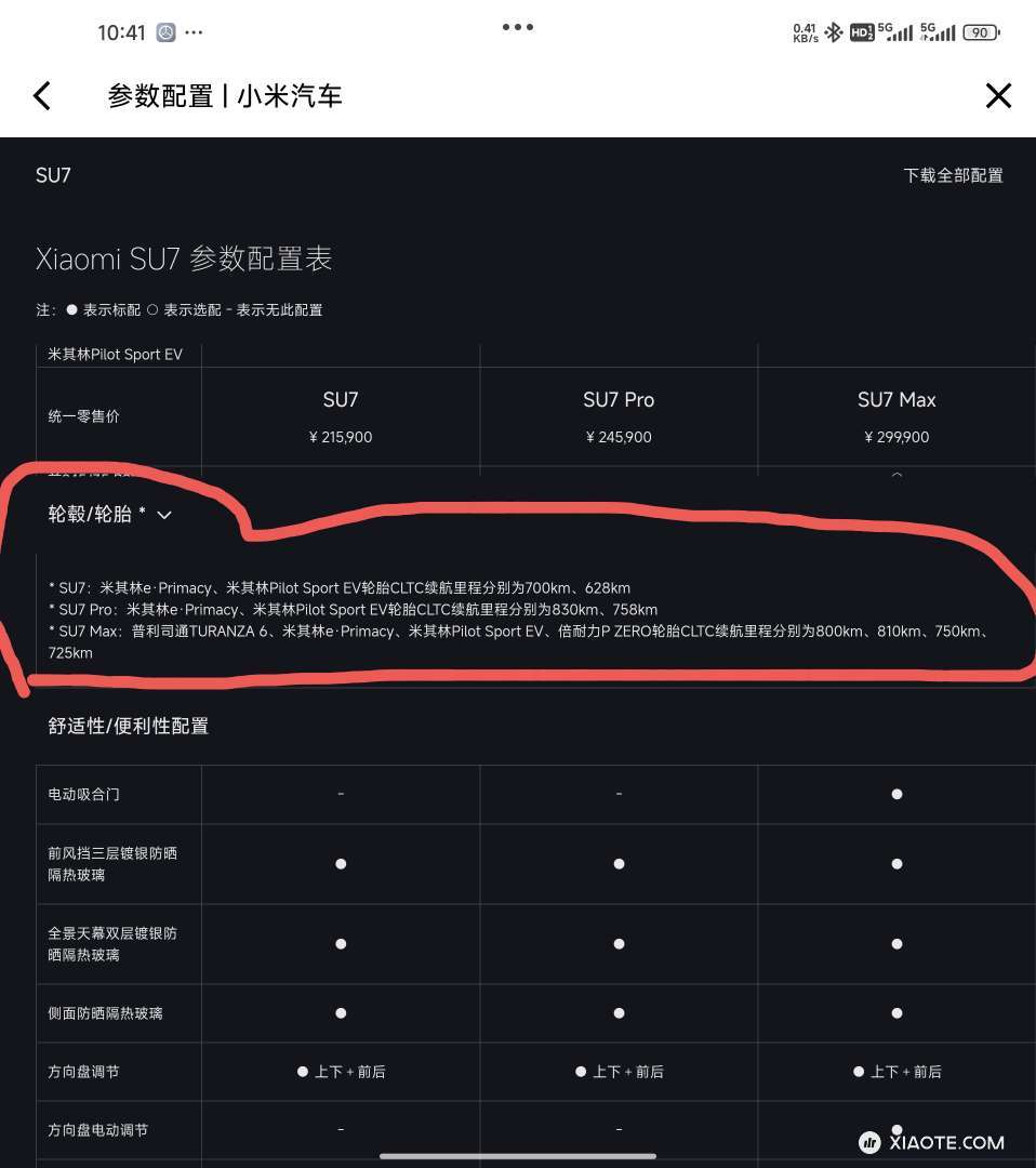 感谢小米的坦诚,看看轮胎对续航的影响力吧,米其林E系列大胜!
SU7:米其林e·Primacy、米其林Pilot Sport EV轮胎CLTC续航里程分别为700km、628km ;
SU7 Pro - 图片 1