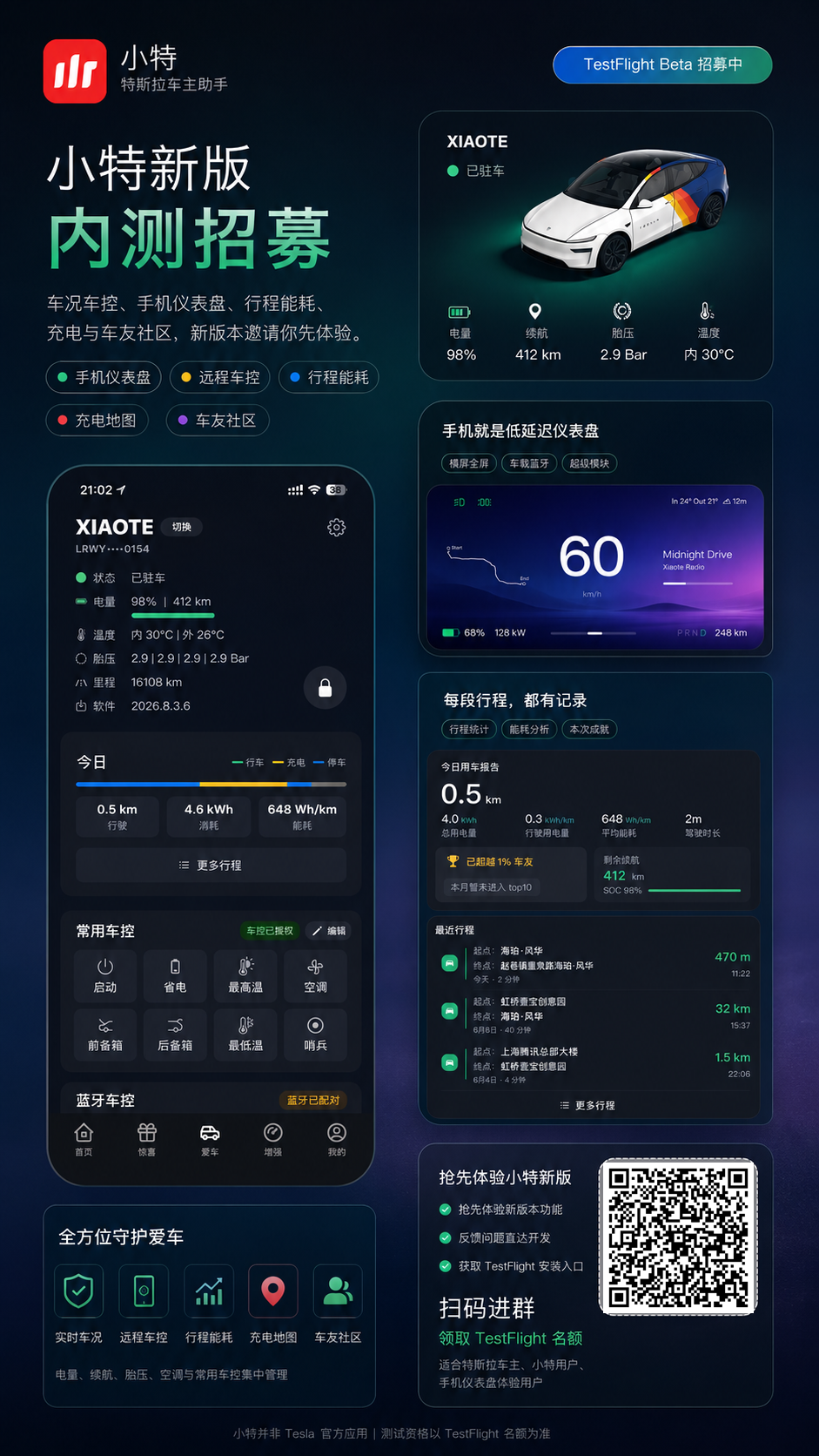 小特APP 5.0 For iOS 开启内测一波！

新增 蓝牙仪表盘
新增 小特超级模块拓展
新增 行程记录
新增 遥测电池诊断
新增 超多特友小工具
.......

更多功能，等你来玩！
扫码进 - 图片 1