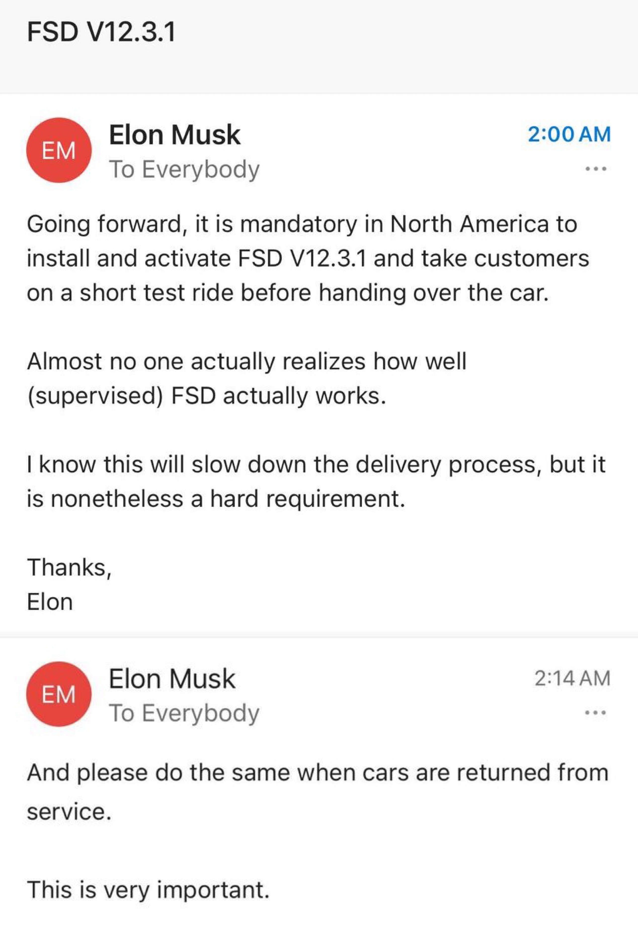 老马这回是真急了！

连发两份邮件，要求在新车交付前必须给顾客来一段简单的FSD试驾体验！虽然这显然会拖慢交付速度，但它是硬性要求！不仅如此，就算你是回来服务中心做个保养，也得学习一下FSD。

为什 - 图片 1