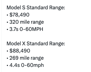 在北美推出了全新标准系列 Model S 和 Model X。两者都比远程 Model S/X 便宜 1 万美元。Model S 标准续航里程： • 78,490 美元 • 320 英里续航里程 •  - 图片 2