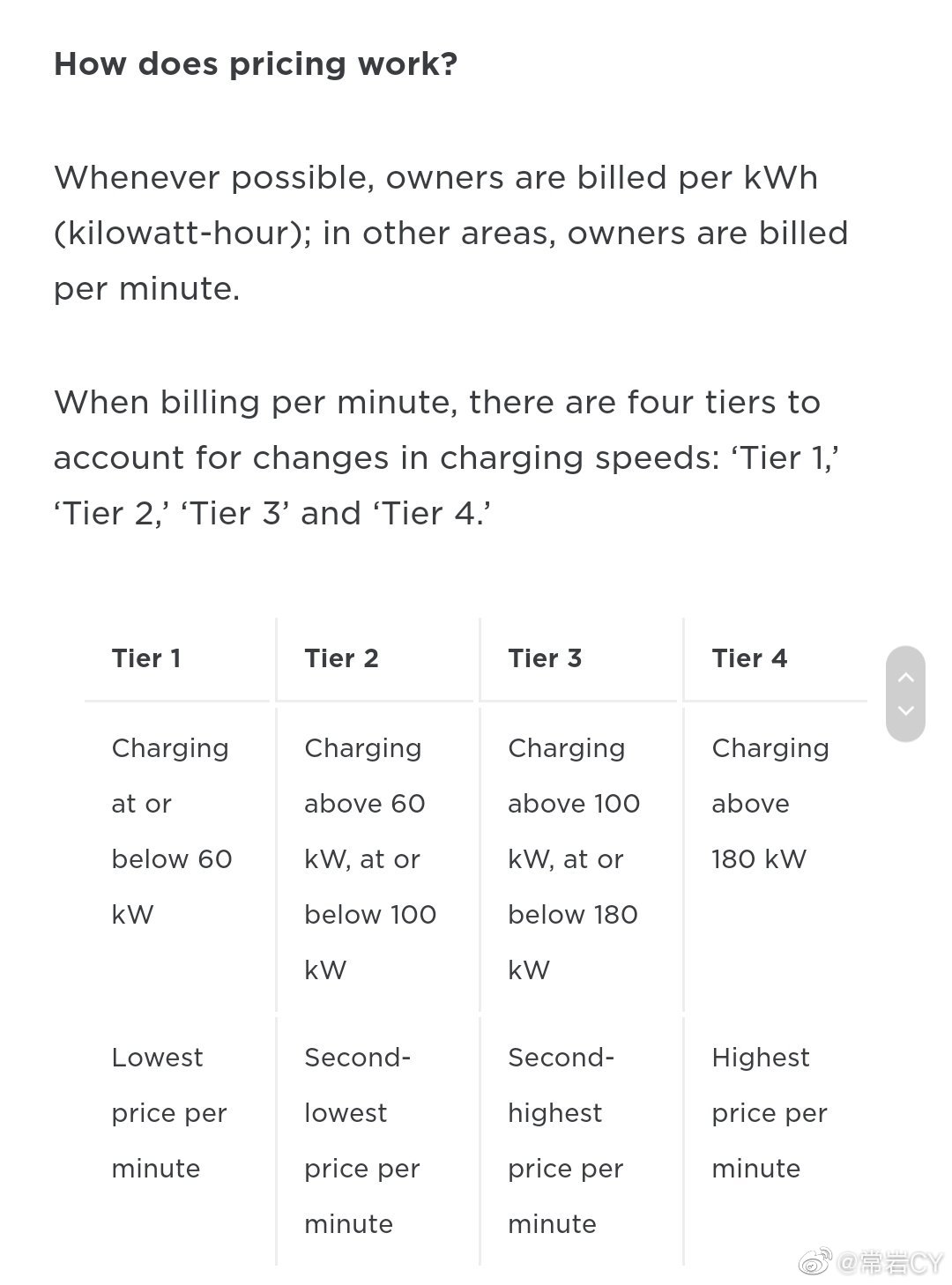 有欧洲车主发了特斯拉对其他品牌开放超充的收费标准。

正在情况下是按照电量收费，但在一些情况下，会按照时长收费。

考虑到不同车型的充电速度不一样，特斯拉按照功率分为了四挡。

不足60kW，60到1 - 图片 1