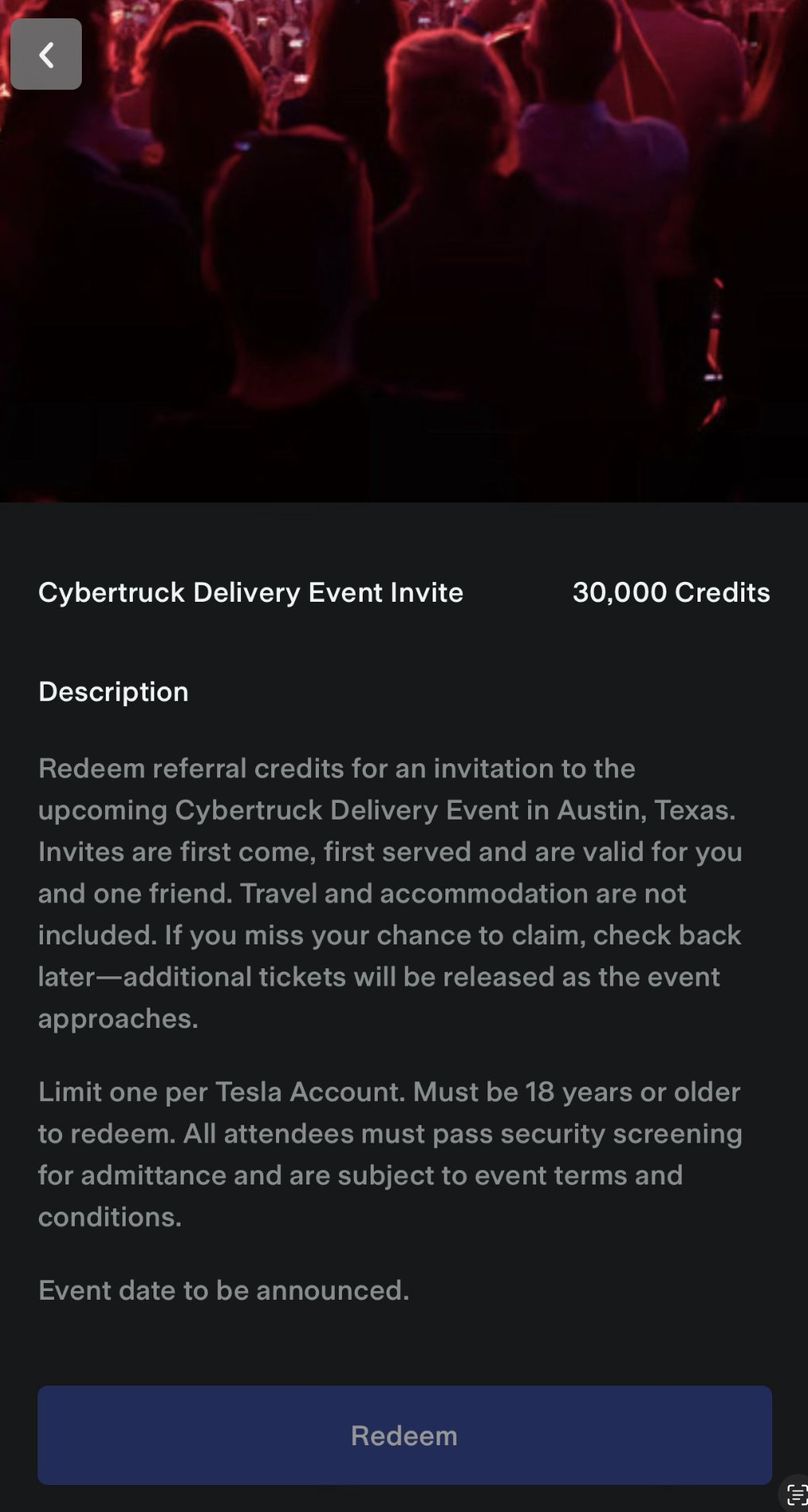 cybertruck终于要交付，交付的活动门票需要用三个引荐的积分兑换，应该只限漂亮国，先到先得。 具体活动什么时候没说 - 图片 1