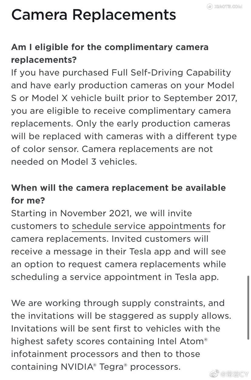 特斯拉宣布,将为购买了 FSD 的 2017 年 9 月之前的 Model S 和 Model X 提供免费的摄像头更换服务。
• 车主将被邀请在 Tesla 应用程序上安排服务预约。
• 它 - 图片 2
