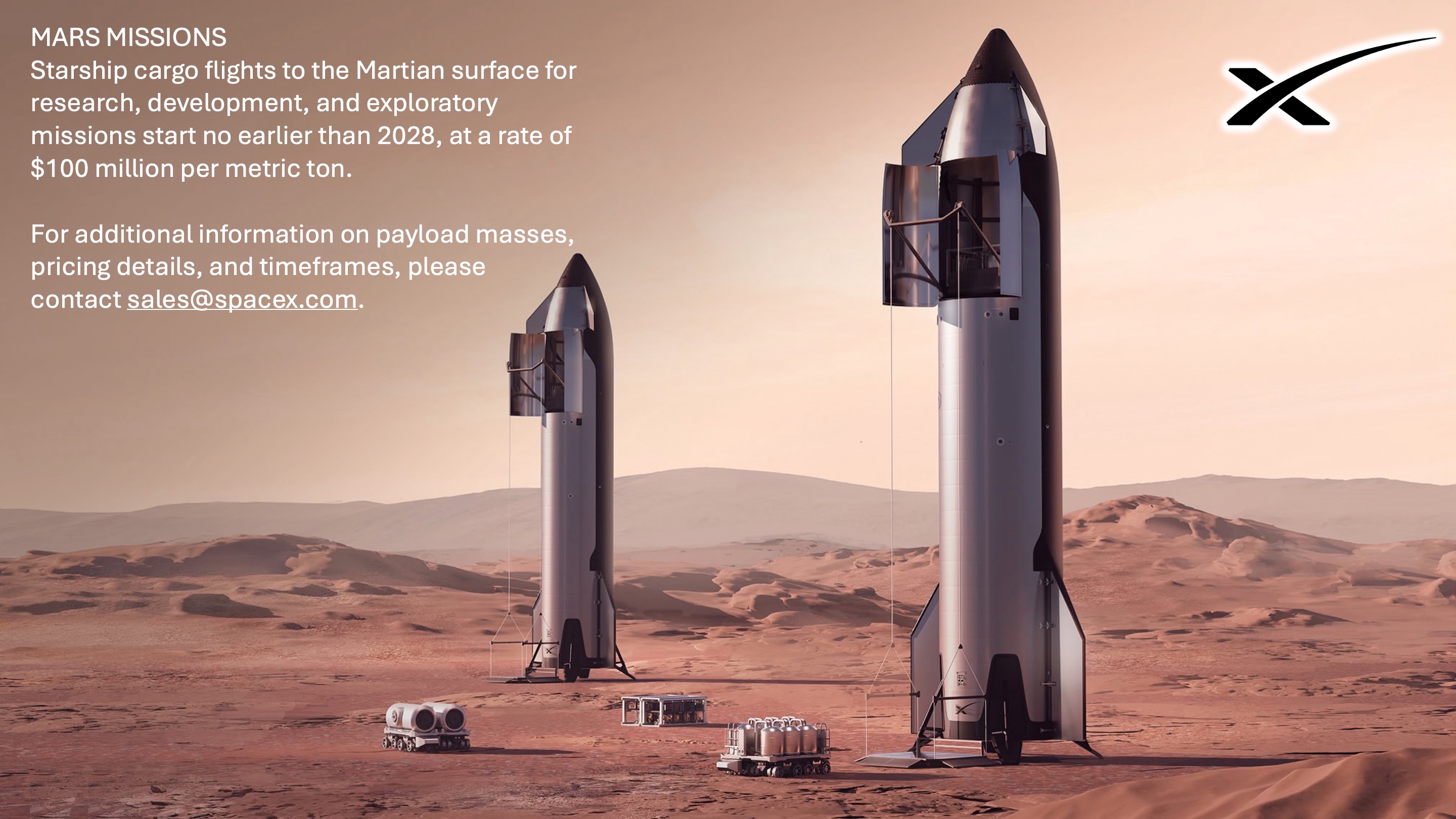 SpaceX 官网更新信息显示，Starship 货运航班将于2028年开始执飞火星表面，用于研究、开发和探索任务，定价为每公吨100万美元。

这一计划相当激进，但考虑到 SpaceX 当前的星舰开 - 图片 2