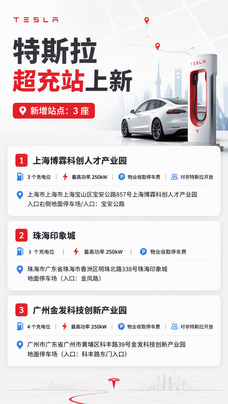 新增 3 座特斯拉超充站 - 图片 1