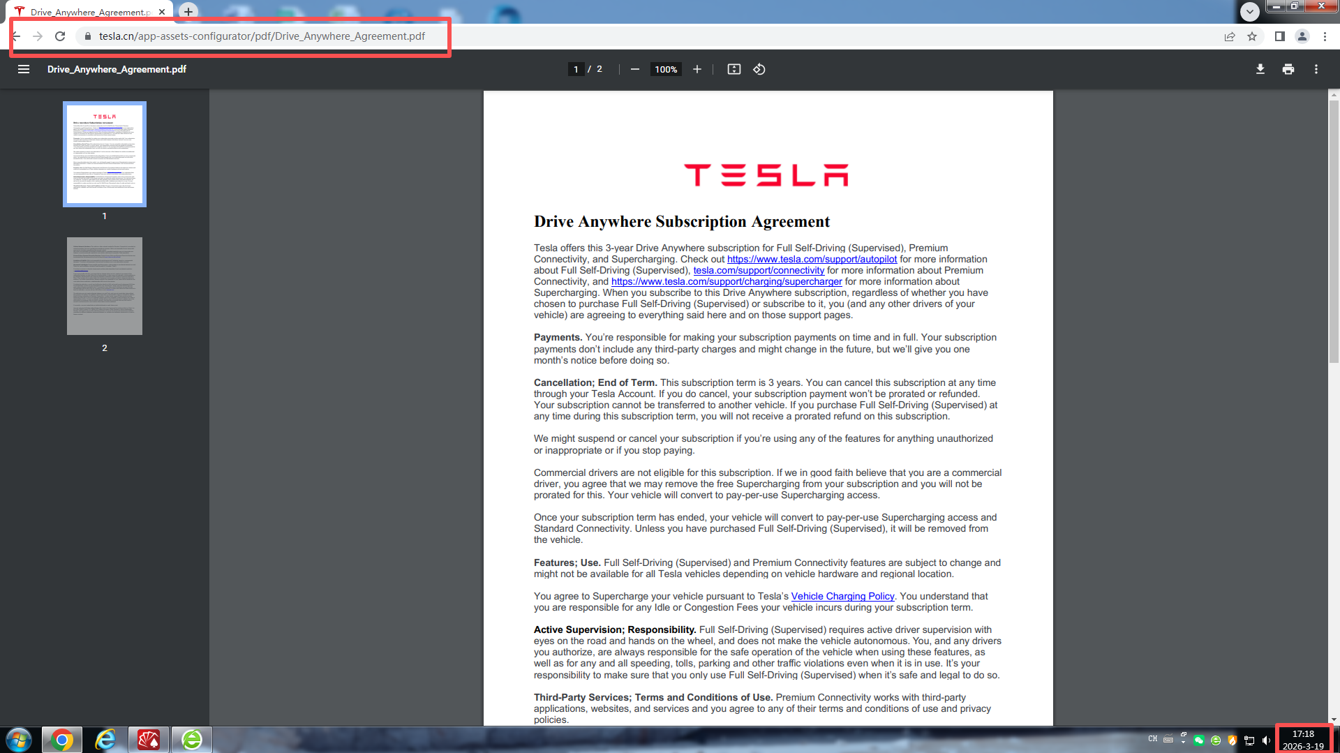 FSD订阅协议PDF文件已上线中国官网并可访问
https://www.tesla.cn/app-assets-configurator/pdf/Drive_Anywhere_Agreement.pd - 图片 1