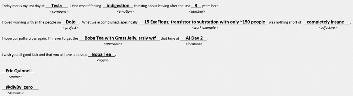 特斯拉 Dojo 通信协议 TTPoE 负责人 Eric Quinnell 宣布离职。

他的离职邮件里披露了一些特斯拉官方从未披露过的信息：截至目前，Dojo 集群的算力是 15 EFLOPS。

 - 图片 1