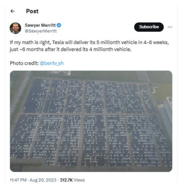 特斯拉将要成为首家下线500万辆纯电动汽车的车企
根据预测，特斯拉极有可能会在未来的4-6周内交付自家的第五百万辆汽车。这一消息引起了行业内外的广泛关注。届时，特斯拉将成为全球第一家下线500万辆纯电 - 图片 3