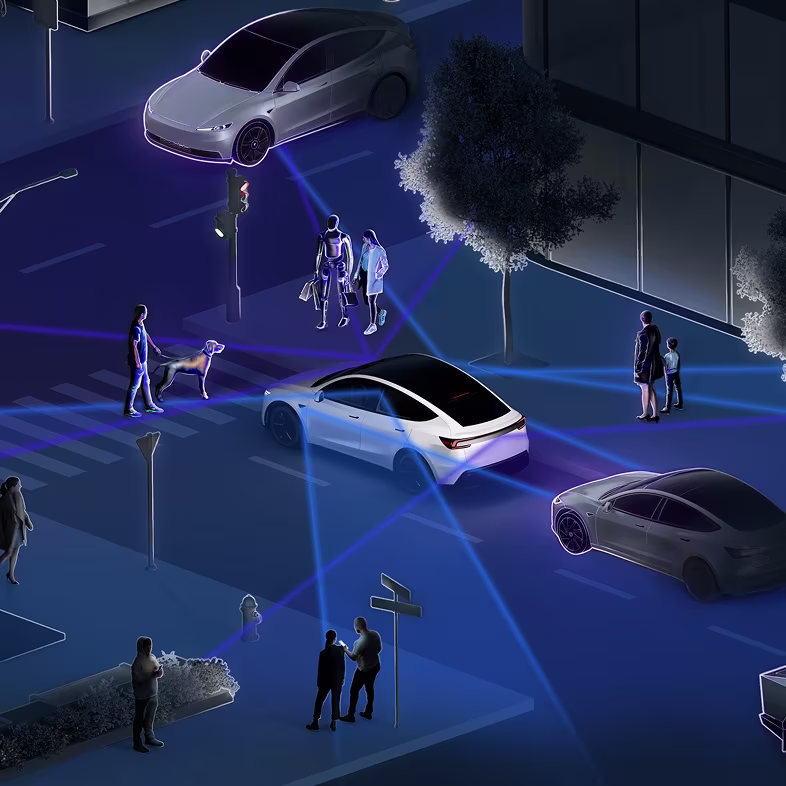 特斯拉可以看到一切
八个外部摄像头提供了车辆周围环境的360度视图。然后，FSD系统每毫秒处理超过100万像素的视觉数据，以便它能够实时响应复杂和高度可变的驾驶环境。 - 图片 1