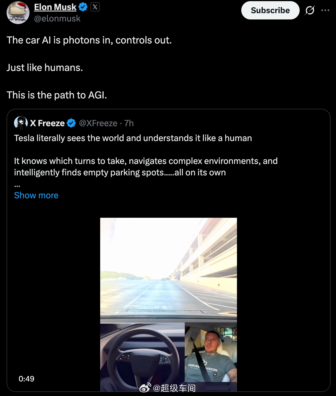 “汽车AI是光子输入，控制输出。

正如人类一样。

这是通往通用人工智能的道路。

”视频中你能看到，#特斯拉fsd#

 识别出第二个停车区域已满，并且顺利的在第三个停车区域完成停车任务#特斯拉# - 图片 2