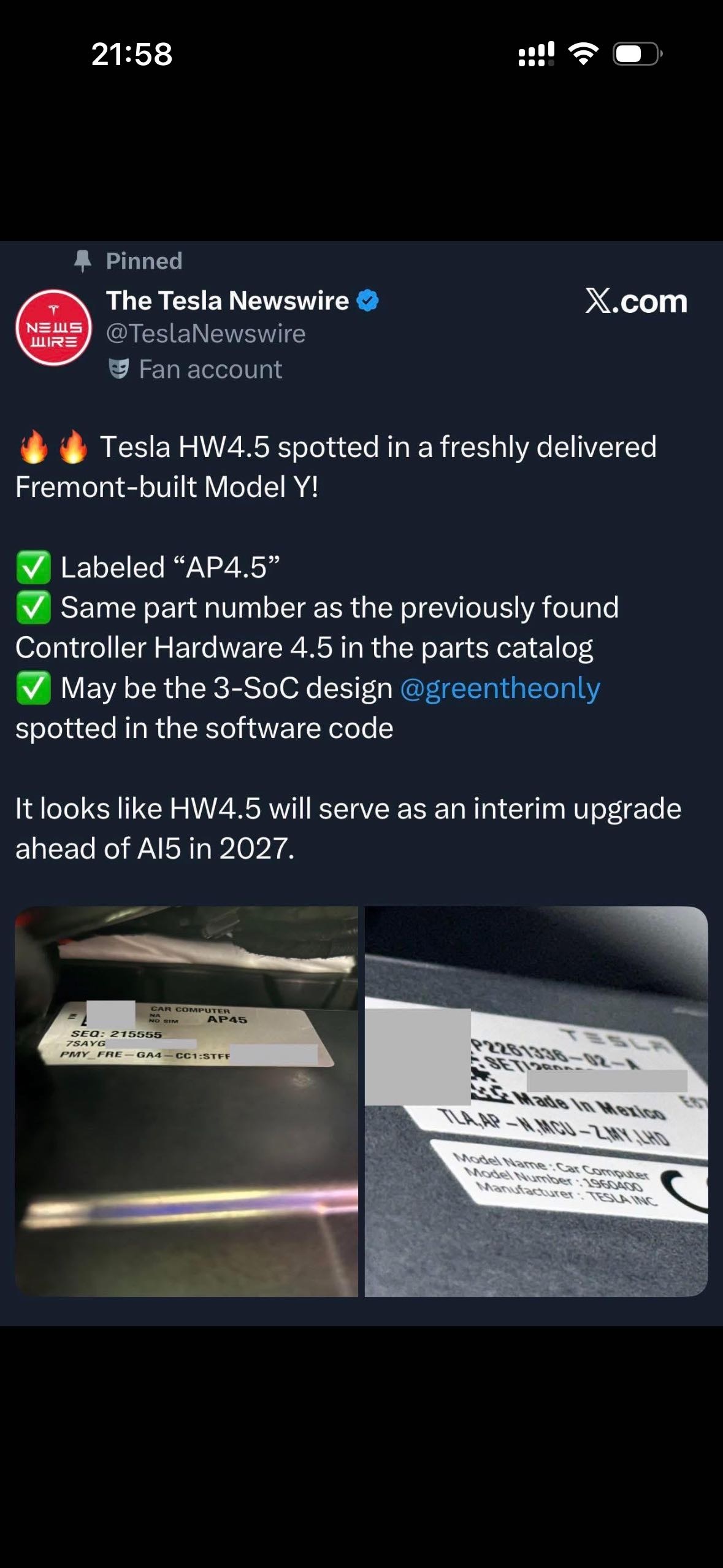 这是最近(2026年1月)才被大量车主和黑客确认的硬件迭代,目前已出现在新交付的部分车辆上。下面简单整理目前已知信息:
主要特点和变化
• 硬件架构:从现款 HW4 的双 SoC(双芯片)升级为三 - 图片 1