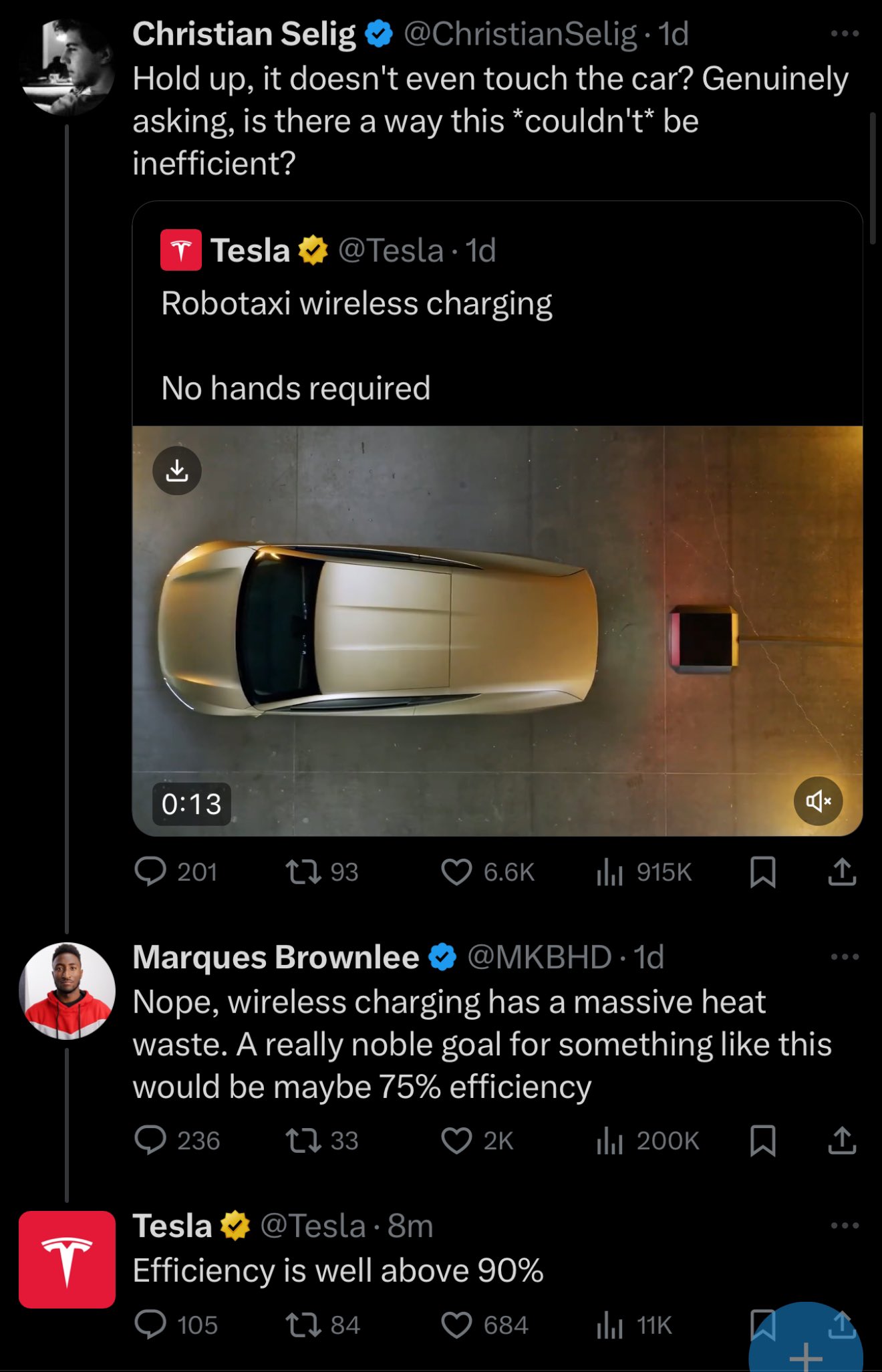 哈哈，海外车圈和数码圈也是不消停哦！

当有人问Robotaxi那套无线充电会不会转换效率不高的时候，全球数码顶流MKBHD说转换效率75%都算牛逼了。

特斯拉官方：90%！

话说回来，要真能做到 - 图片 1