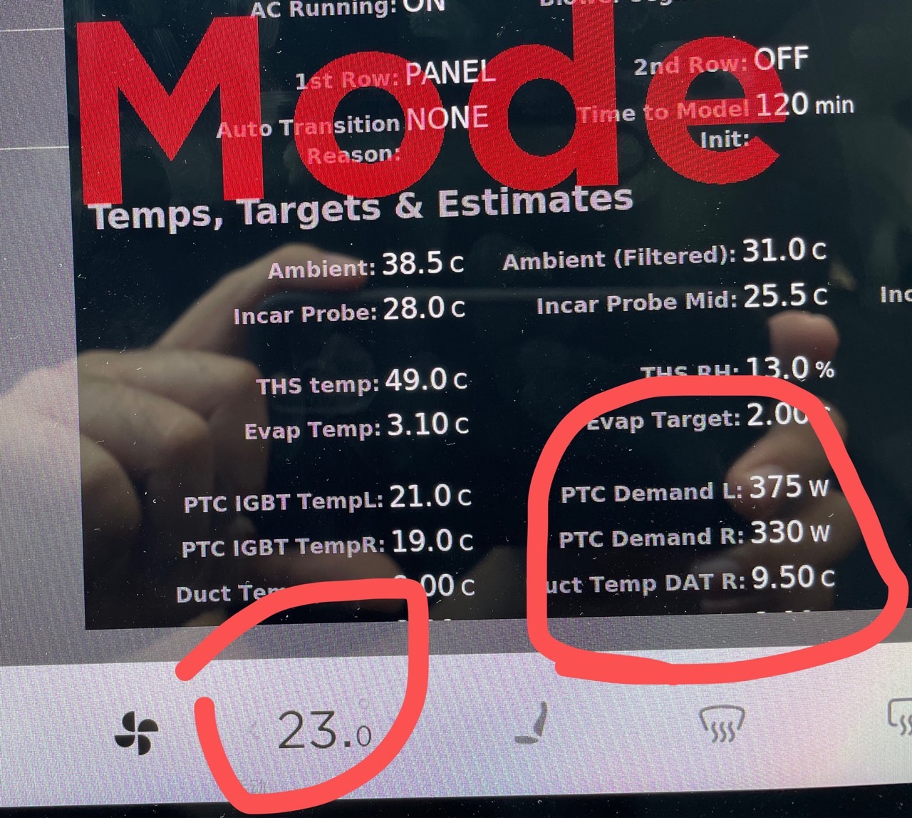 测试模式设定空调温度分别是手动20度和23度。20度状态下PTC是没有工作的。23度PTC工作有几百瓦能耗。也实锤的温度越低能耗越低。 - 图片 1