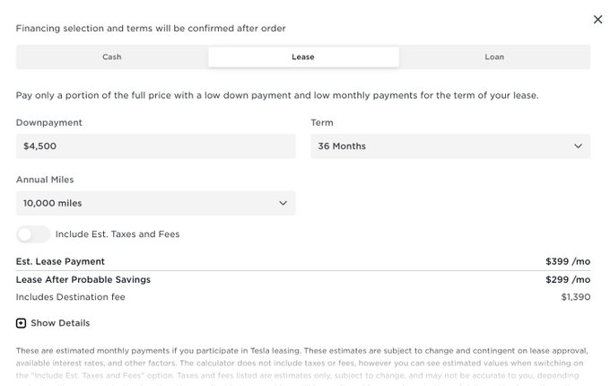 特斯拉租赁价格再降，其中：
• Model Y RWD: $399/month (from $499/month)
• Model 3 RWD: $329/month (from $419/month - 图片 2