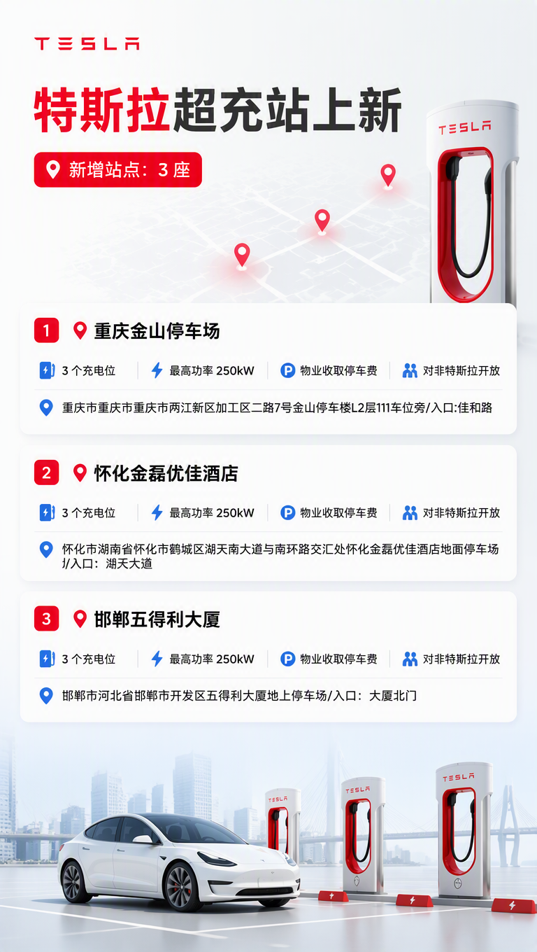 新增 3 座特斯拉超充站 - 图片 1